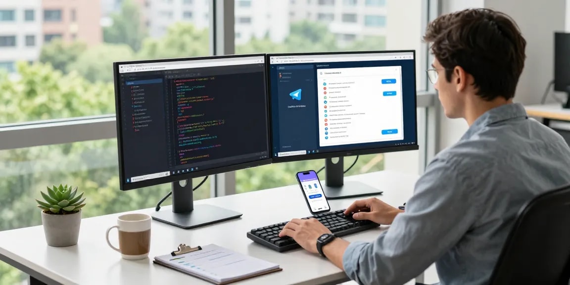 Developer using Telegram Web Version on dual monitors in a modern office workspace, emphasizing productivity and tech engagement.