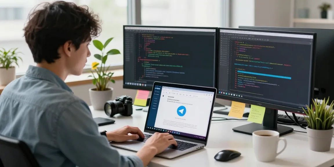 Setting up Telegram Chinese interface on a laptop in a modern office space.