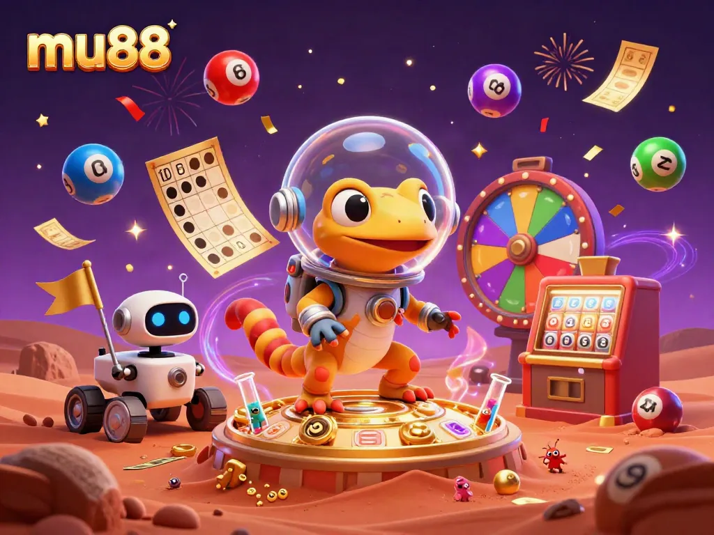 Engage with mu88's vibrant casino adventure featuring a Martian gecko and a robot amidst colorful lottery elements.