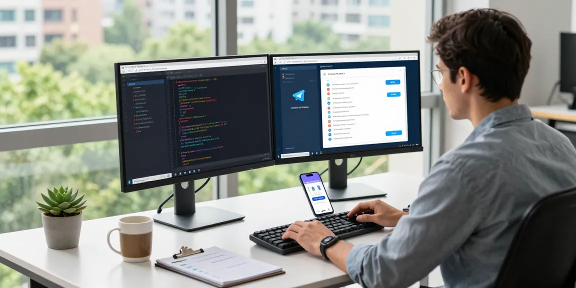 Developer using Telegram Web Version on dual monitors in a modern office workspace, emphasizing productivity and tech engagement.