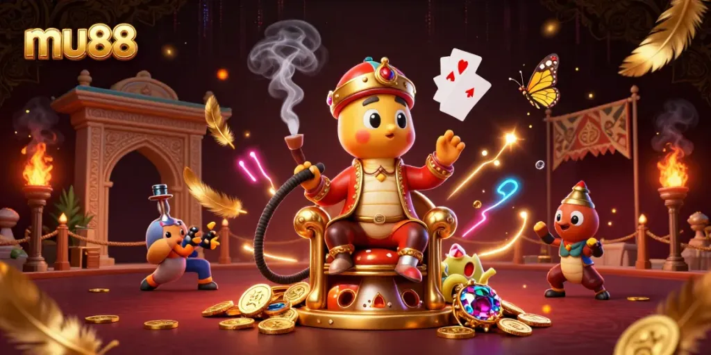 Experience immersive gaming at mu88 with a vibrant 3D casino scene featuring unique characters and elements.
