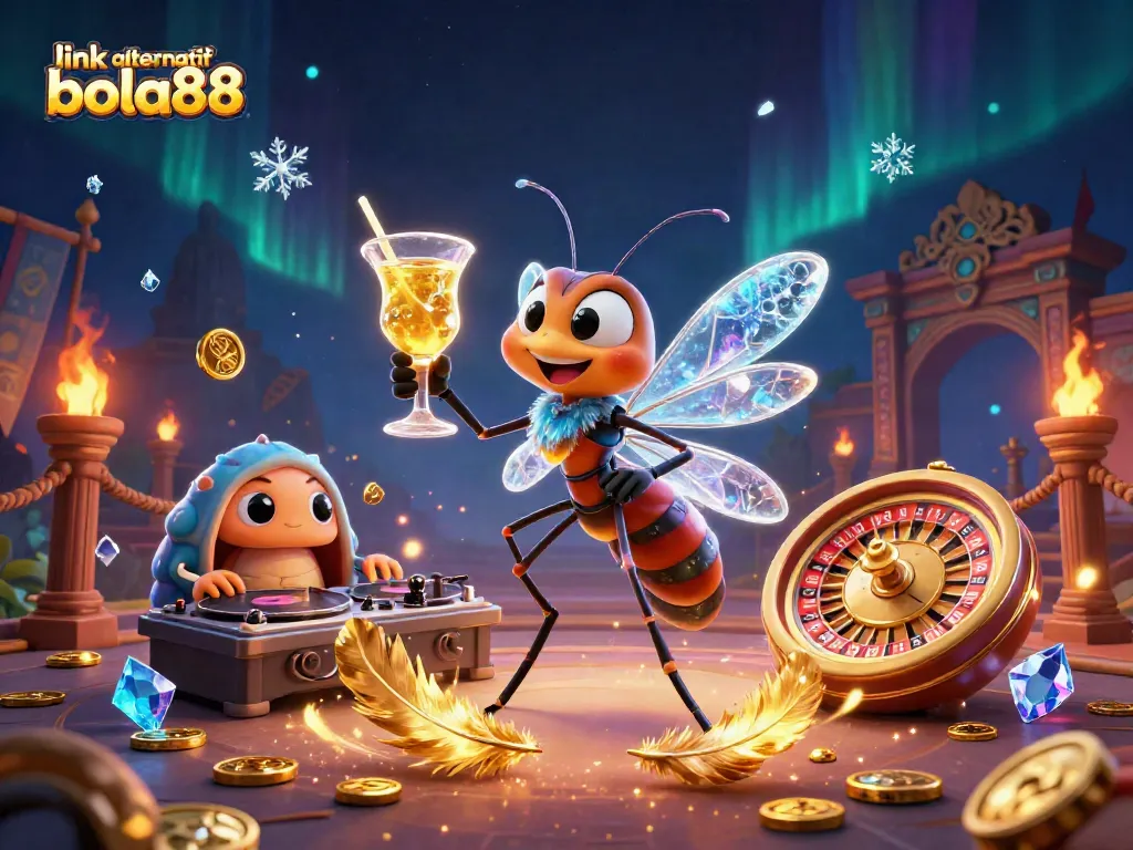 Spin to win with link alternatif bola88 while enjoying a vibrant casino scene with unique characters and elements.
