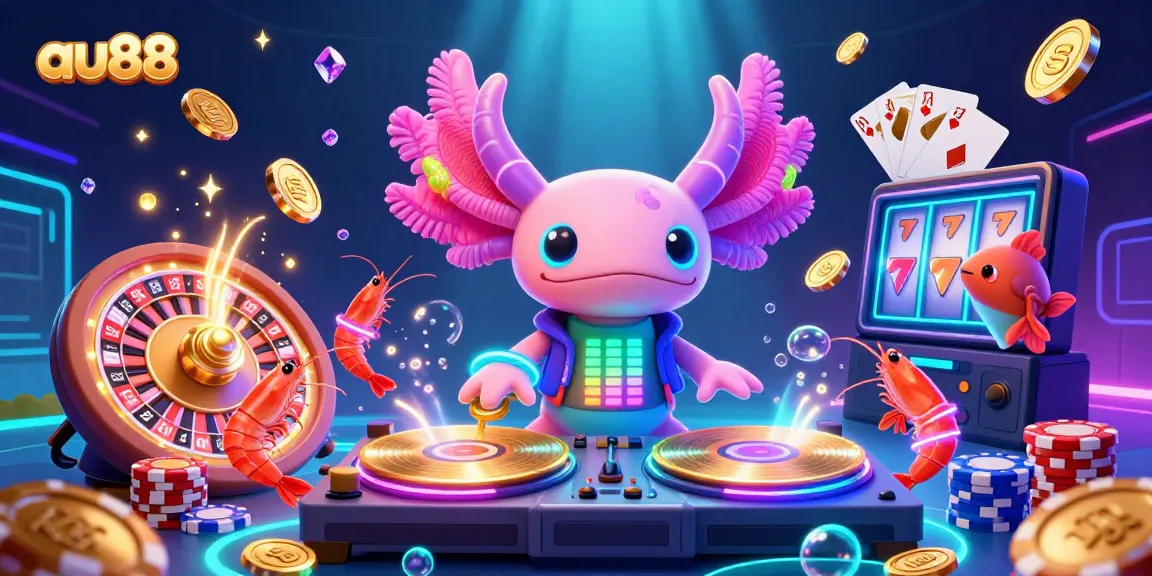Experience the excitement of au88 with a vivid underwater casino scene featuring a DJ axolotl and dynamic game elements.
