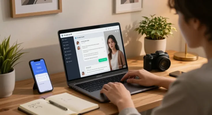 Engaging user experience with Crush on AI showcasing virtual companionship in a modern home office.
