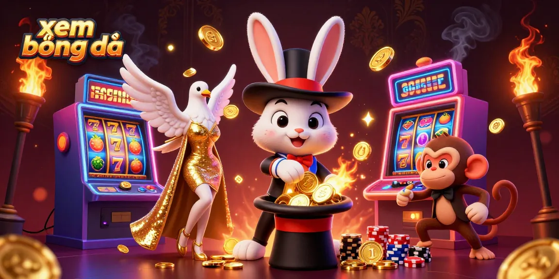 Xem bóng đá with magical elements, showcasing a vibrant casino scene with characters and gaming features.